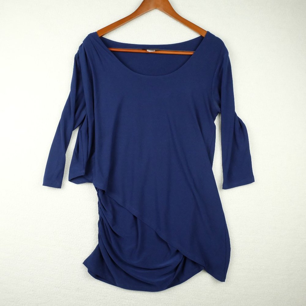 Vintage Womens Shirt Top Medium Blue Asymmetrical Ruched Flowy Stretchy 80s